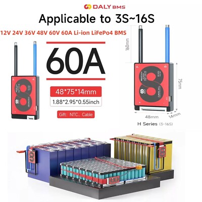 Daly 3S-16S 12V 24V 36V 48V 60V 60A Li-ion LiFePo4 BMS Board with Balance&NTC