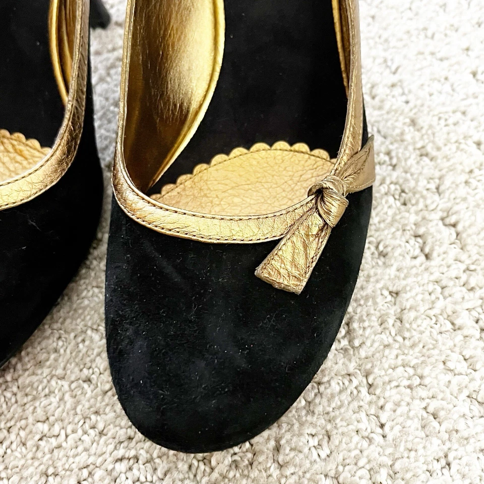 Salto Enzo Angiolini preto camurça couro slingback tamanho 9.5 bomba ouro arco metálico - Imagem 4 de 4