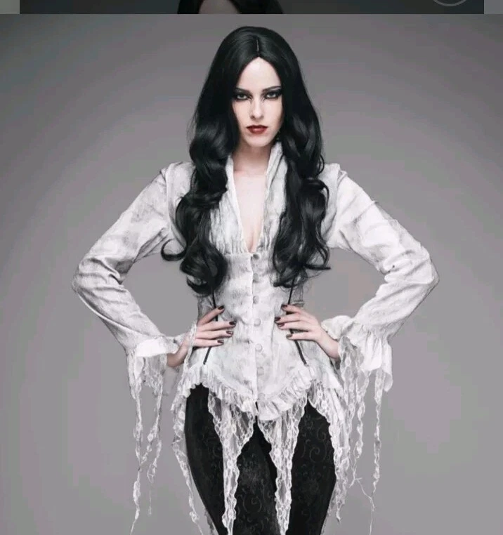 NWT Eva Lady Hades Footwear Goth White Jacquard Corset Back Vampire Shirt! XS - Image 2 of 4
