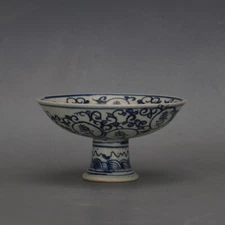 5.5"China Ming Blue White Porcelain Longevity Character High Foot Compote Plate