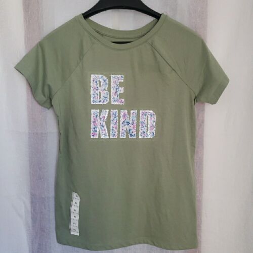 Cat & Jack Girls T Shirt Size XL 14-16 Be Kind Saying Sequin Sage Green Tee