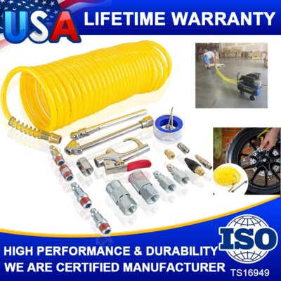 New 20pcs Air Compressor Accessory Kit 25Ft Recoil Hose Gun Nozzles Set 1/4'' NPT