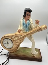Vintage Landshire Clock working Chalkware Elvis Bust with Guitar Mantel Clock