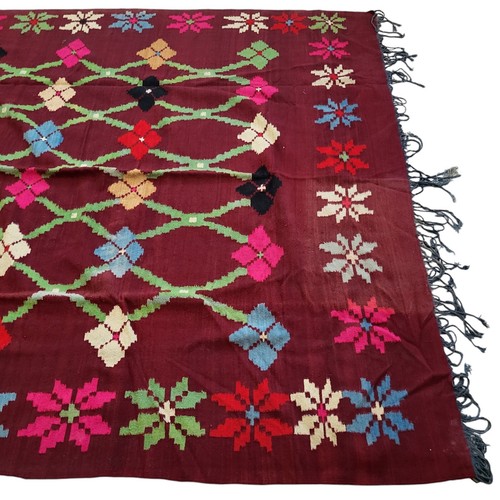 Vintage Moroccan Rug Handmade Fringe Maroon Wool Geometric Floral Design Carpet - Picture 10 of 24