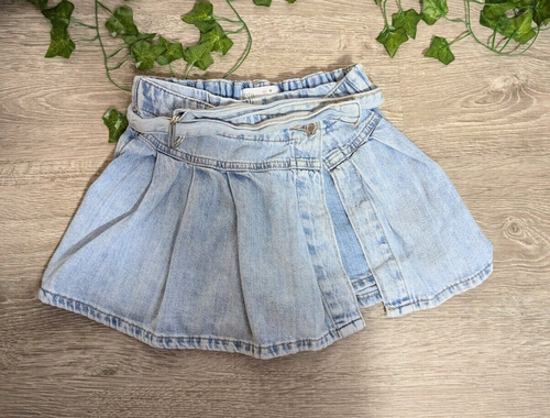 Zara Girls Blue Denim Wrap Skort Shorts Belted Hem 3 Pockets Size 8
