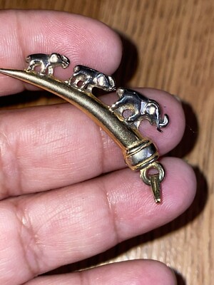 Vintage Silver & Gold Tone Three Elephant On A Horn Pendant 