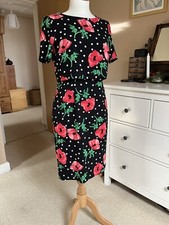 SALE Dress Sz 8 Clearance Black Green White Red Poppy Flower Floral Spotty