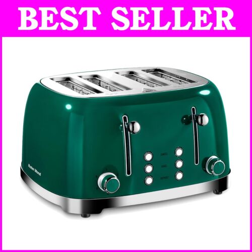 Elegant Retro 4-Slice Toaster - Extra-Wide Slots & 6 Browning Settings in Green