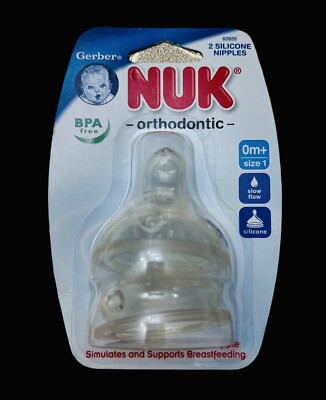 Gerber NUK Orthodontic 2pc Slow Flow Silicone Nipples Sz.1 0mo+ Germany 2009