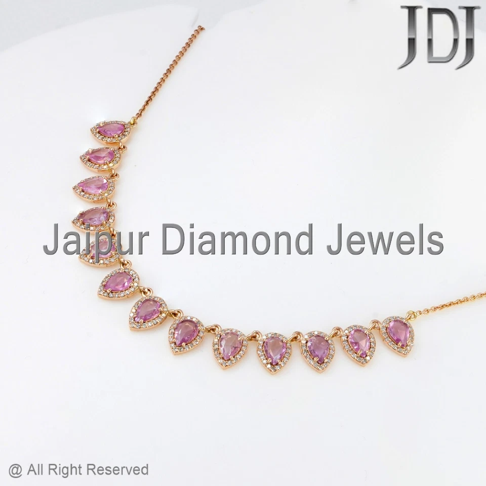 Collar de piedras preciosas de zafiro rosa diamante genuino sólido de 14k Foto 4 de 4