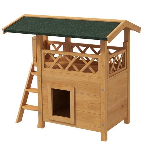 PawHut Cat House Outdoor Kitten Shelter Puppy Kennel w/ Balcony Stairs Roof - Picture 11 of 11