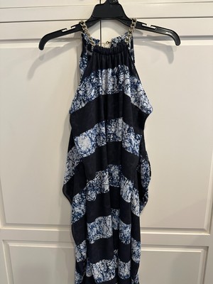 Michael Kors Womens XXS Blue Gold Chain Flutter Batik Caftan Halter Neck Dress