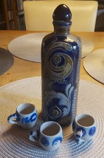 Keramik Flasche+3 Krügerl Westerwald? Vogelmotiv Handarbeit Steinzeug salzglas.