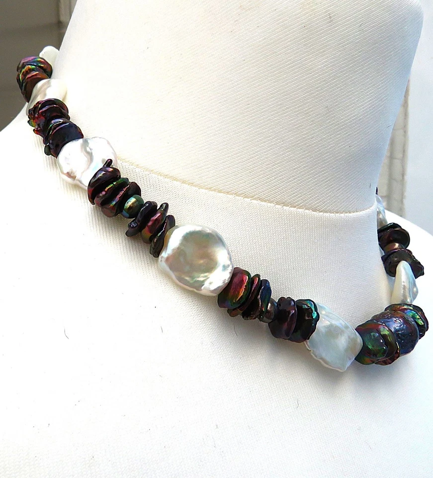 Keshi  Perlenkette mit Süßwasserperlen rund Unikat Collier handgefertigt 5689 - Bild 2 von 4