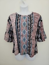 Nine West Multicolor Floral Stripe Pullover Top Large 3/4 Flared Sleeve R-Neck