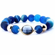 Stunning 10MM Blue Color Agate With Gold Plated Spacer Stretchy Bracelet For