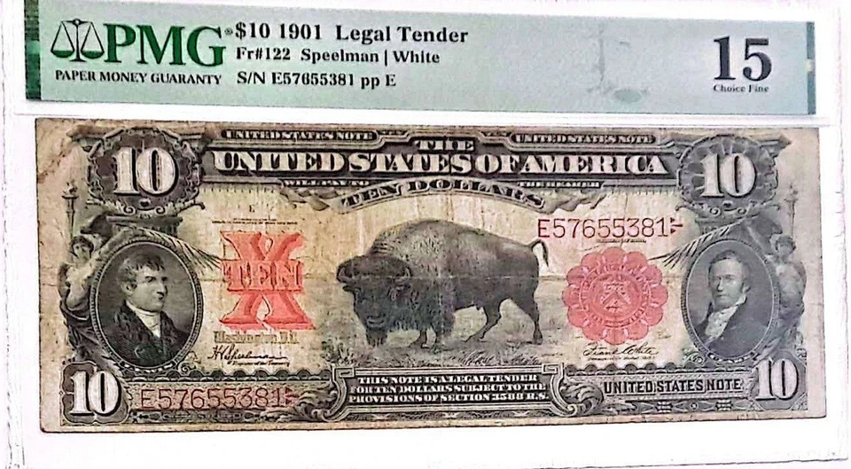 1901 USA $10 Ten Dollars "BISON" Legal Tender SN# E57655381 PMG 15 !NO COMMENTS! - Image 3 of 4