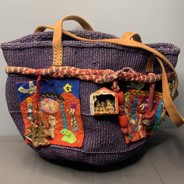 Bolso de Mano Grande de Sisal Tejido Cesta Mercado Asas de Cuero Púrpura Temática de Navidad