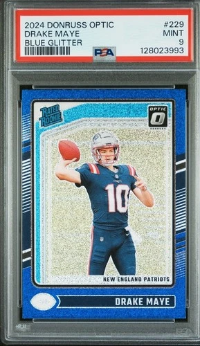 2024 Donruss Optic Drake Maye Blue Glitter PSA 9