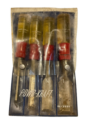 VINTAGE POWR-KRAFT TOOLS WOOD CHISEL SET, 1/4 , 1/2 , 3/4 , 1 , 84-3586, USA