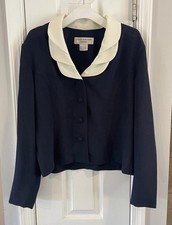 Vintage Jones New York Women s Cropped Blazer 14 Navy/Ivory Shawl Collar
