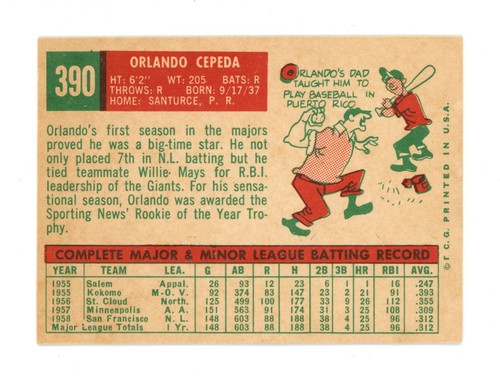 1959 Topps #390 Orlando Cepeda San Francisco Giants Card HOF EX+ Range (64718) - Foto 2 di 2