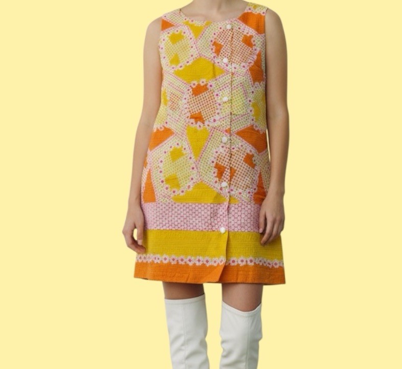 VTG Psychedelic Patch Mini Dress Medium Mod Retro… - image 1