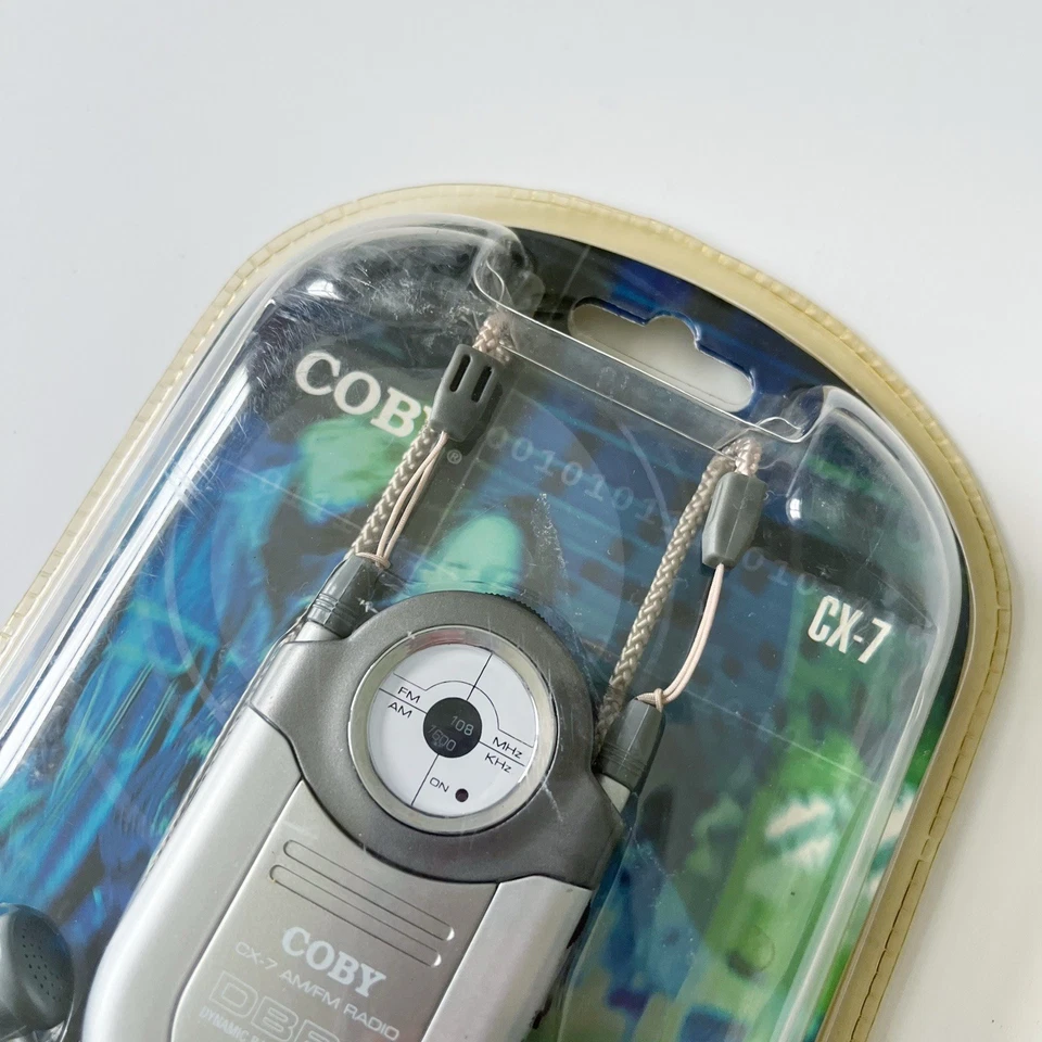 Vtg Coby CX-7 Mini AM/FM DBBS Pocket Radio Silver W/ Earphones & Neck Strap New - Image 2 of 4