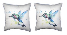 Pair Of Betsy Drake Green Hummingbird Large Indoor Outdoor Pillows 18 X 18