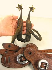 OLD UNMARKED Cowboy 5pt Gold Star Rowels Spurs Rawhide &Tooled Straps Ranch Find