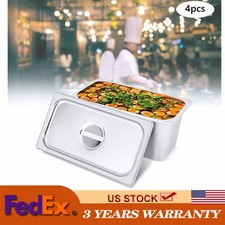 4Pcs 6" Stainless Steel Deep Steam Table Pans with Lids 1/3 Size Hotel Food Prep