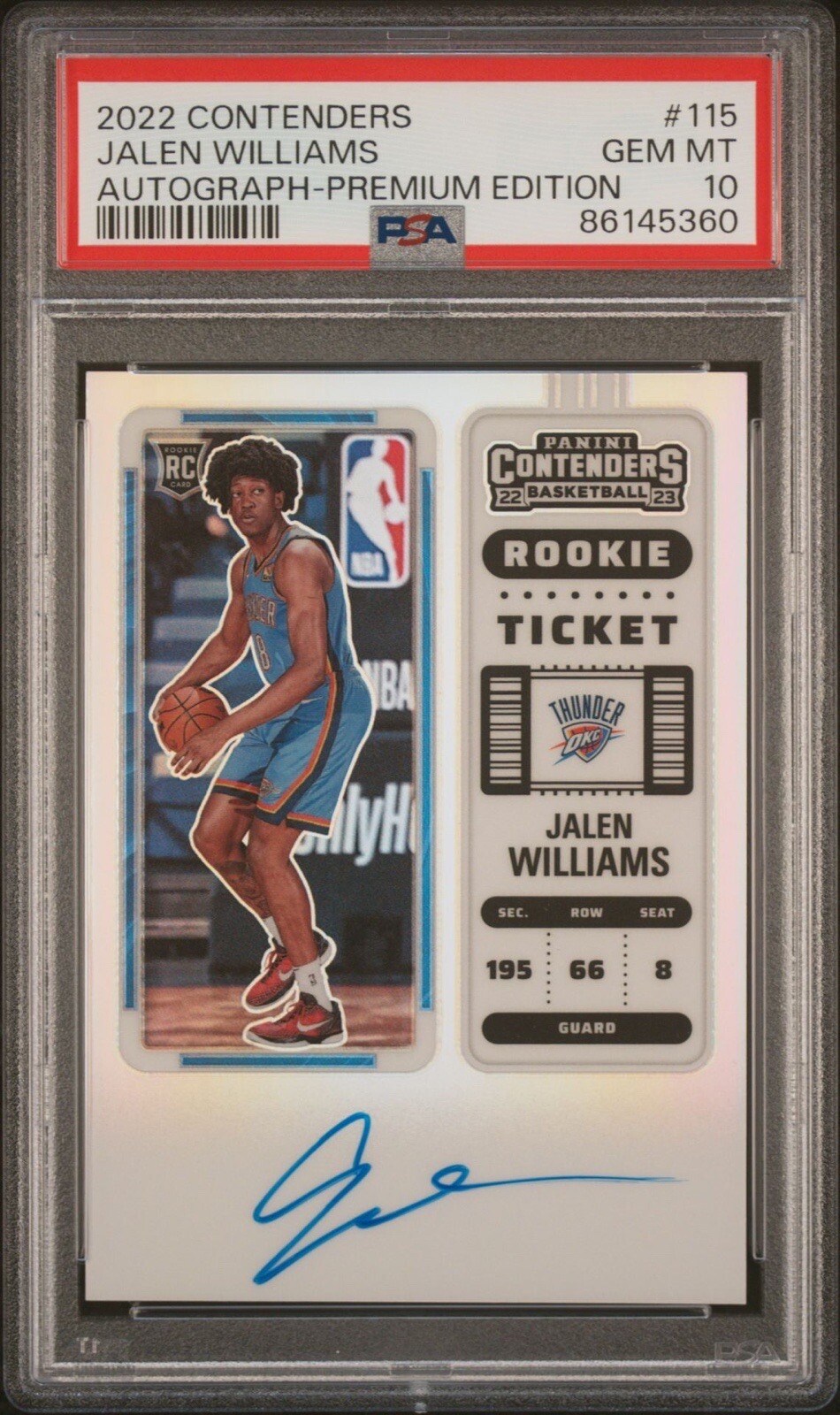 2022 Contenders Jalen Williams Premium Edition Rookie Ticket Auto #115 PSA 10