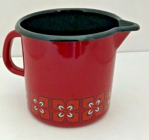 Vintage Mid Century Modern Germany ENAMEL Red Pitcher with Flower Boarder
