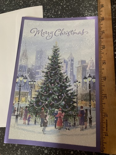 Vtg Unused Christmas Card Heavy Glitter City Street Tree Shoppers W/Env PRETTY! - Picture 5 of 9