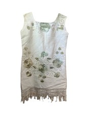VTG 1950s Mexican Ivory Dress Sz M Green Embroidered Flowers Handmade