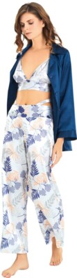 Ladies Satin Pyjama Set 3 Piece - Trousers, Top & Blouse in Blue