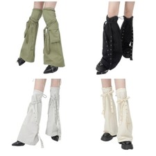 Drawstring Leg Warmer Harajuku Punk Eyelets Straps Over Knee Flared Boot Covers