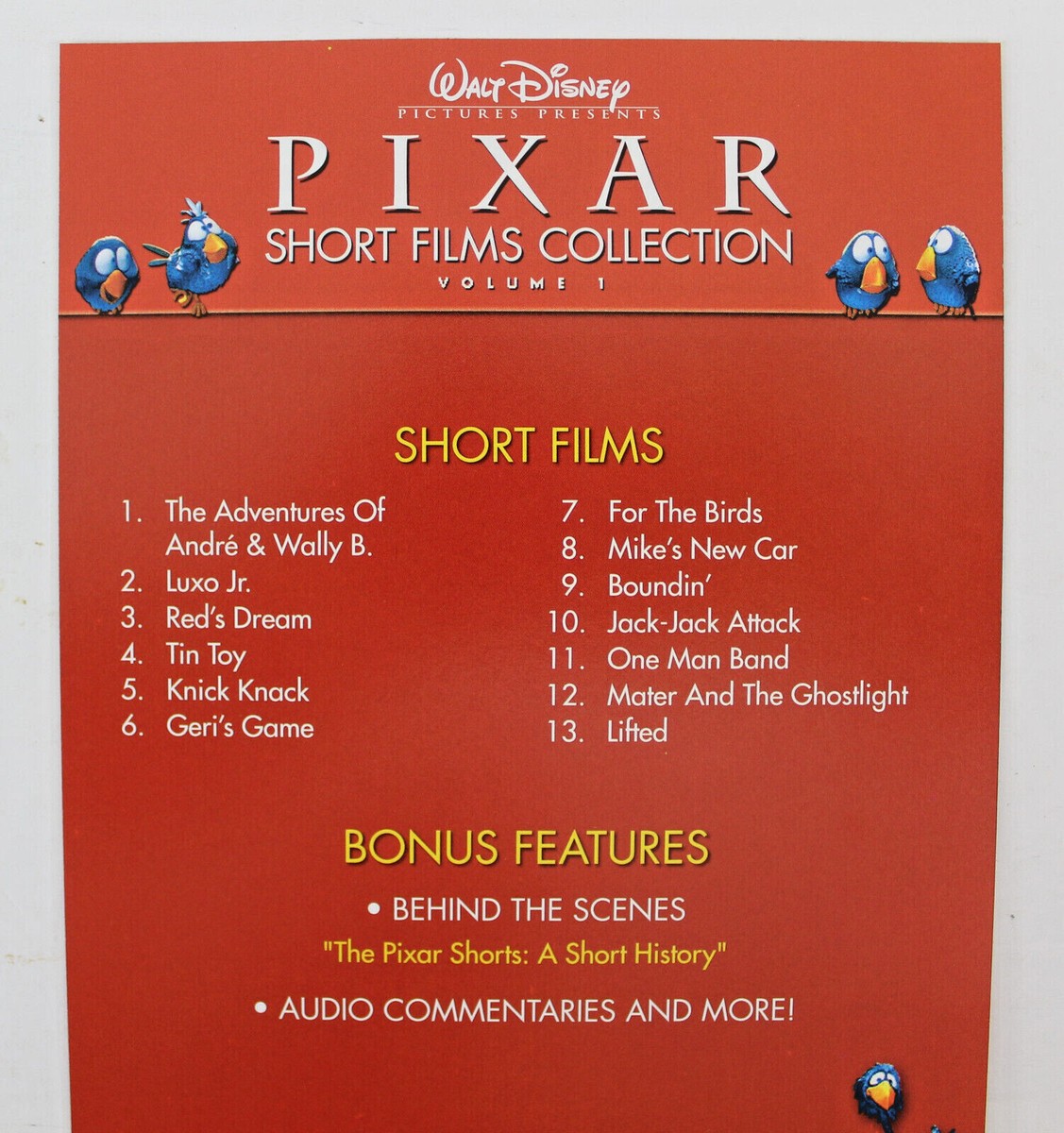 PIXAR SHORT FILMS COLLECTION VOLUME 1 DVD 2007 WALT DISNEY