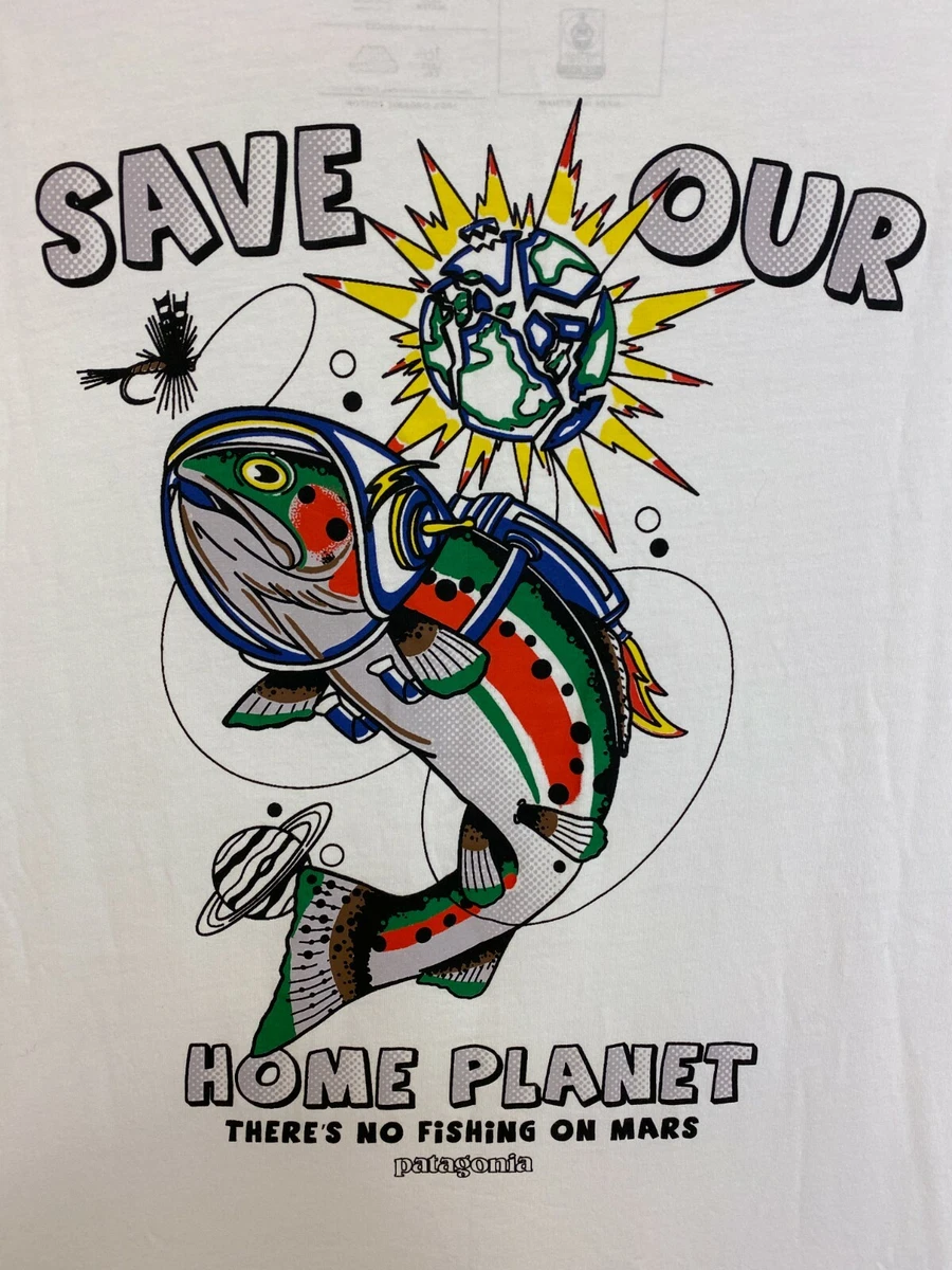 PATAGONIA Space Fly White Organic T Shirt Fly Fishing Trout Tesla