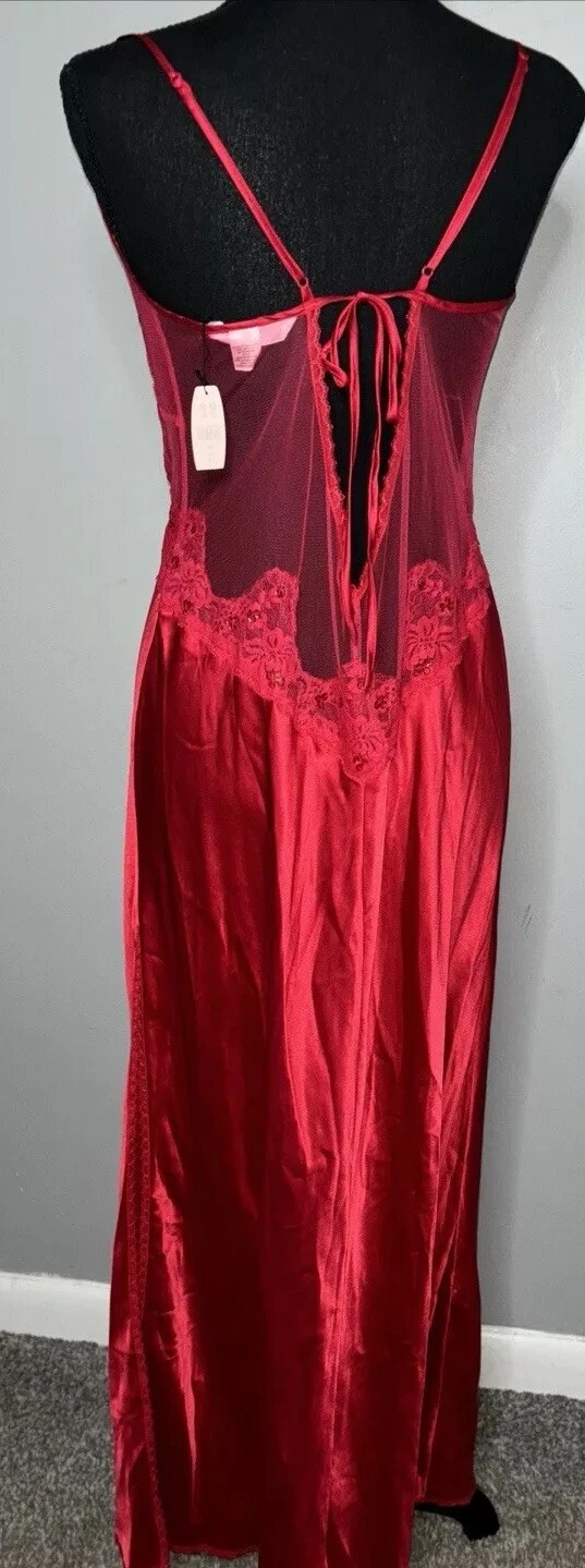 VALENTINO Abito slip vintage anni '90 Y2K Victoria's Secret lungo rosso raso pizzo senza schienale trasparente