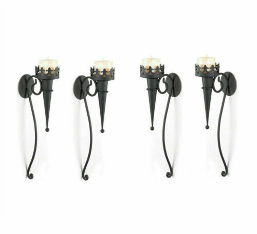 8 GOTHIC MEDIEVAL Decor BLACK SCONCE CANDLE HOLDERS WALL MOUNTED CASTLE TORCHES - Picture 1 of 3