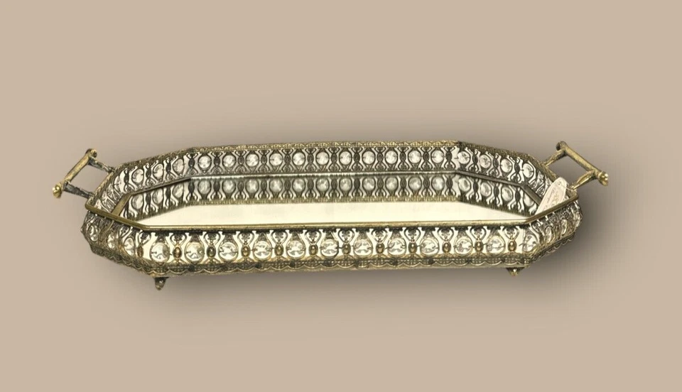 Dekoratives Tablett Metall Gold mit Spiegel und Glassteinchen 58cm x 34cm NEU - Bild 2 von 4