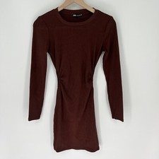 Zara Brown Bodycon Ruched Dress Side Cut Outs Size Medium