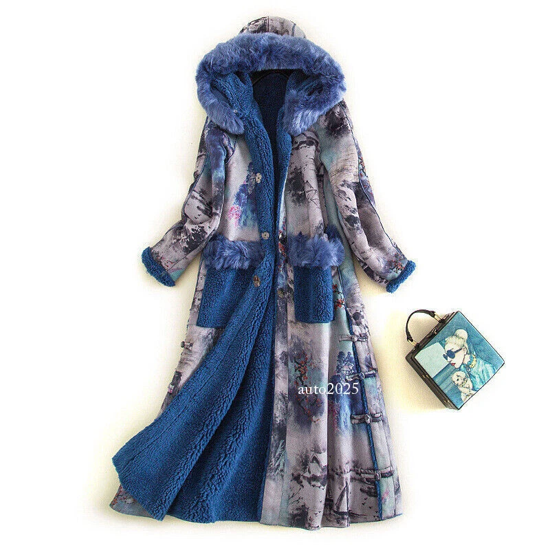 Abrigo de invierno retro floral largo imitación lana de cordero parka chaqueta con capucha imitación gamuza Foto 4 de 4