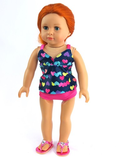 Multi Hearts Tankini 3pc Set Fits 18 inch American Girl Dolls - Picture 3 of 5