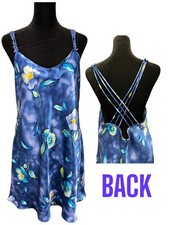 Vintage California Dynasty 90s Blue Satin Floral Slip Dress Lingerie Large USA