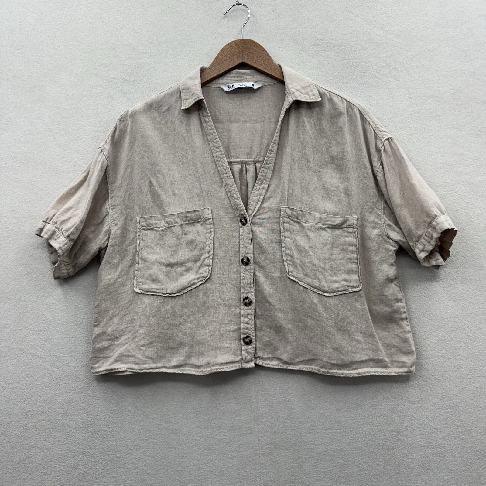 ZARA Women’s Small Linen Cropped Button Down Shirt Beige Short Sleeve