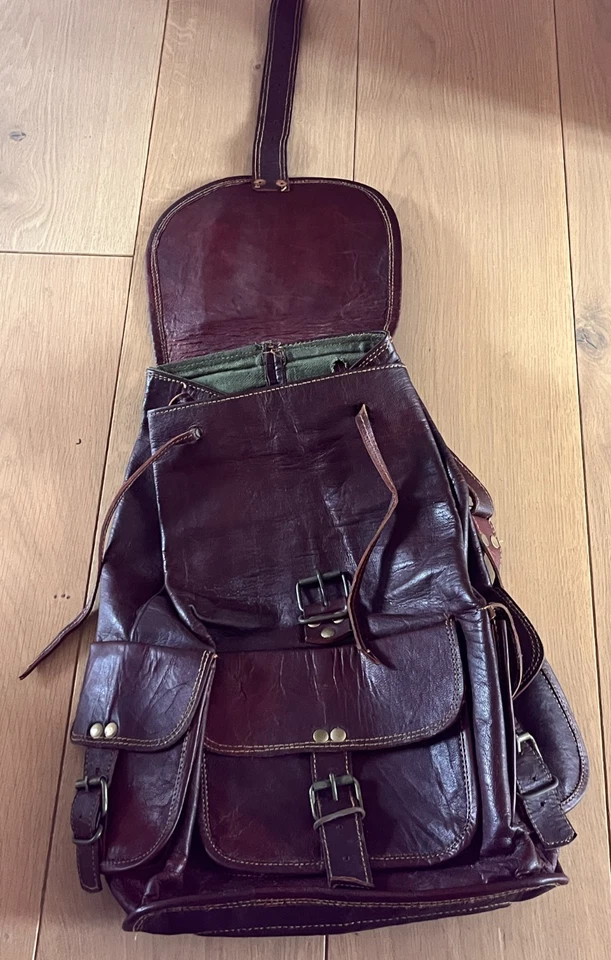 Brown leather backpack laptop bag rucksack travel pockets vintage thick leather - Image 2 of 4