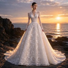 V Neck Long Sleeve Lace Ball Gown Wedding Dress Appliqued Bridal Gown Outdoor