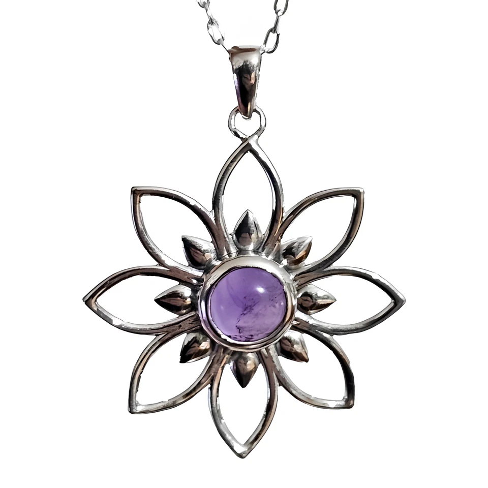 Collar con colgante de mandala de amatista, plata de ley 925, flor bohemia... - Imagen 2 de 4